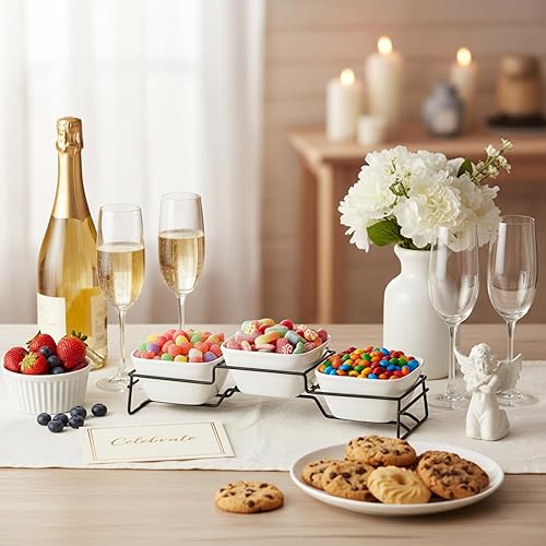 Miniatura 7 de ZENFUN 10 oz Square Bowl Chip & Dip Serving Set, Pocelain Ramekin Bowls with Metal Rack Stand, White Small Serving Dishes, Condiment Serving Tray