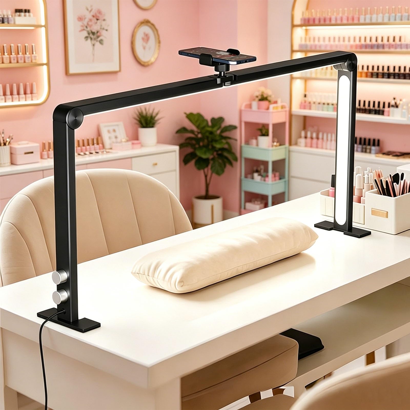 DAJIAYIQI 34" Foldable Half Moon Light, 48W Dimmable LED Light with Phone Holder, 3 Color Modes 3000K–6000K Adjustable Brightness, Professional Salon & Home Manicure Lamp(Black)