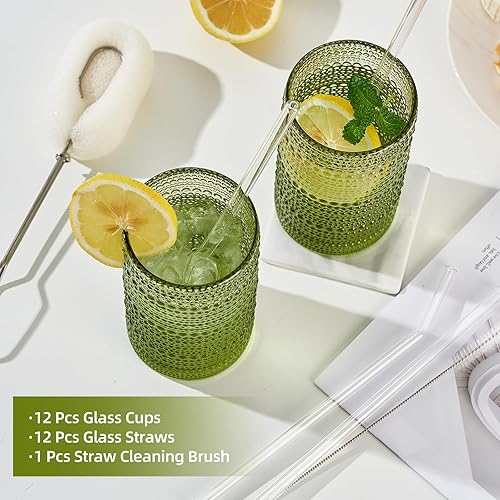 Miniatura 4 de Juego de 12 vasos para beber Hobnail de 16 onzas, vasos verdes en relieve vintage de gran capacidad, vasos altos para agua, cóctel, cerveza, whisky,