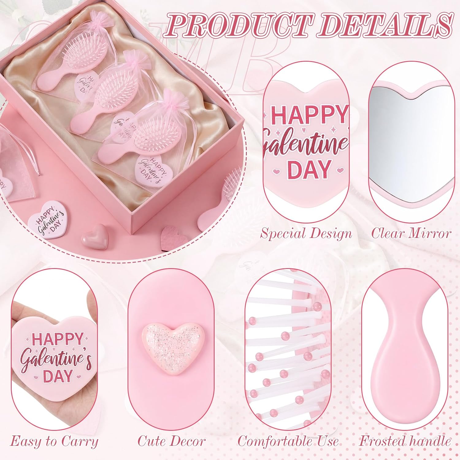 Yungyan 12 Set Galentine's Day Party Favors for Women Pink Heart-Shaped Mirror and Small Hair Brush with Organza Bag Party Supplies Cute Inspirational Gift Sets for Bestie Birthday Bridal Shower