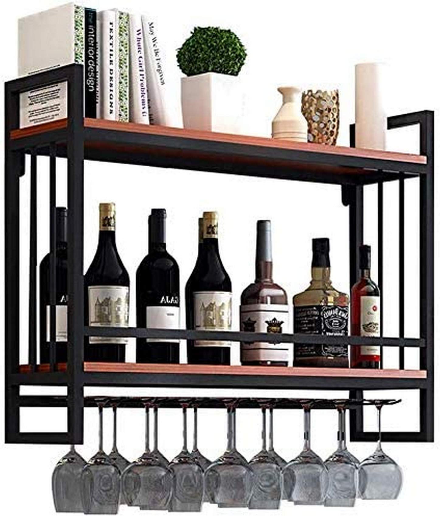 Casier à vin fixé au mur en bois et fer avec porte-verre suspendu pour bouteilles