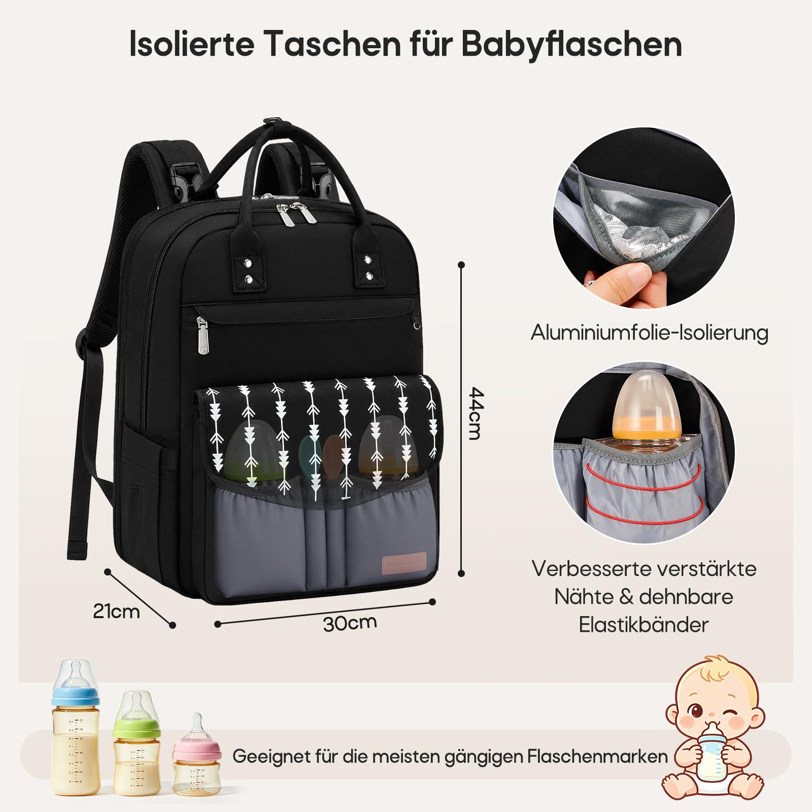 RAINSMORE Wickelrucksack Groß Baby Wickeltasche mit Wickelunterlage Schwarz | Wasserdichte Wickeltasche mit Schnullerbox, isolierten Flaschenfächern einhändigem Zugriff Kinderwagenbefestigung für Eltern