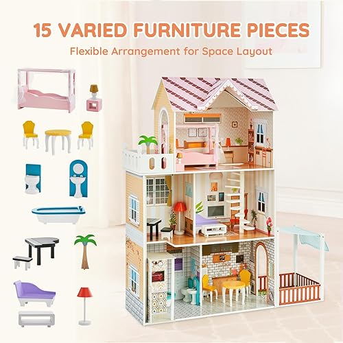 Miniatura 5 de VEVOR Casa de muñecas de madera, 7 habitaciones moderna juego de casa de muñecas para niños, casa de muñecas de bricolaje con 3 niveles, 7 áreas de