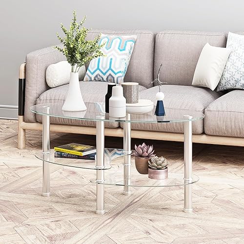 Miniatura 10 de Mesa de centro con almacenamiento, mesa para sala de estar, moderna mesa de centro de vidrio de 3 capas, mesa de centro ovalada para sala de estar
