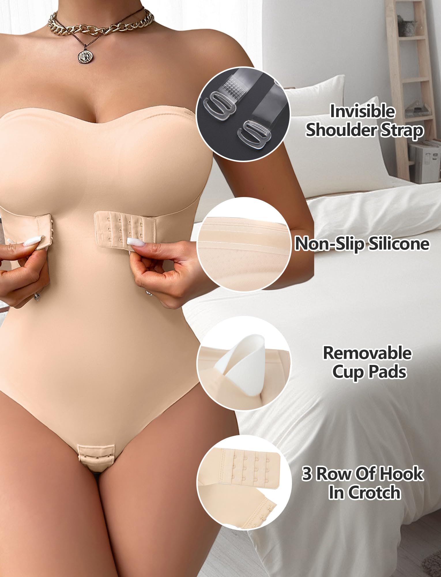 FEOYA Body Sculptant Femme Ventre Plat Body Gainant Femme Invisible Push Up Bodysuit Shapewear Bodysuit Sans Bretelles avec Rembourrage Amovible et Bretelles
