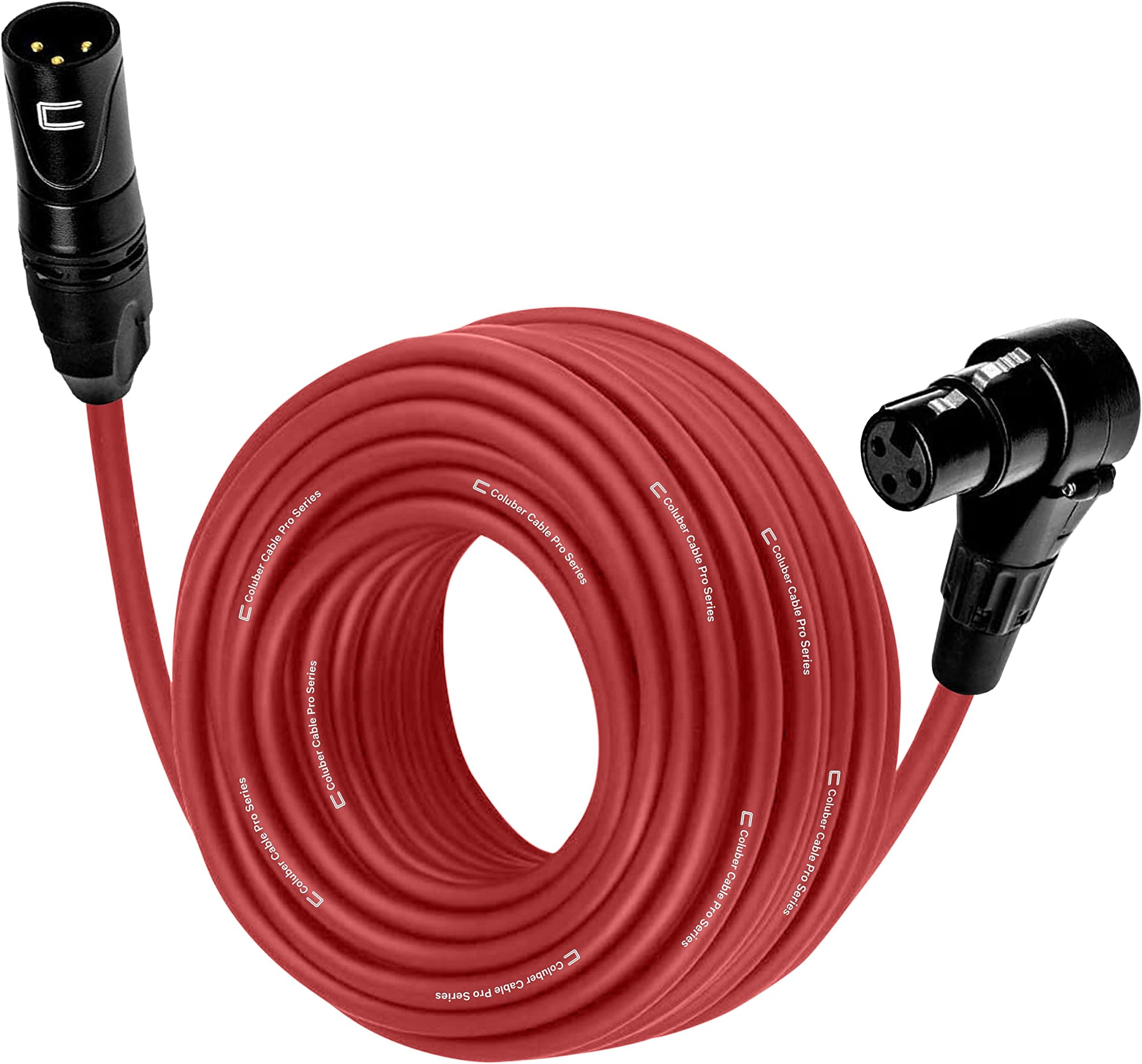 Balanced XLR Cable Male to Right Angle Female - 30 Feet Red - Pro 3-Pin Microphone Connector for Powered Speakers, Audio Interface or Mixer for Live Performance & Recording