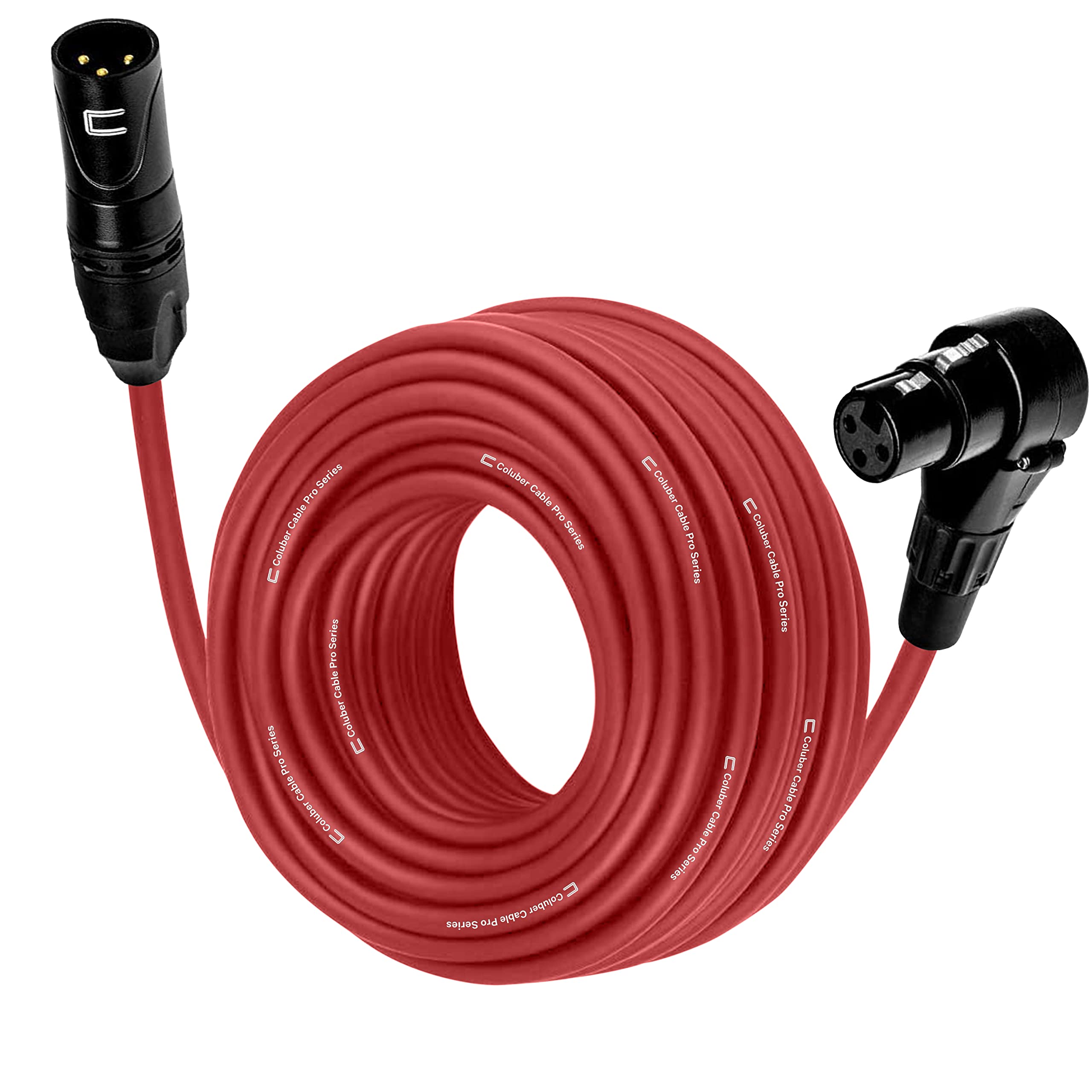 Balanced XLR Cable Male to Right Angle Female - 30 Feet Red - Pro 3-Pin Microphone Connector for Powered Speakers, Audio Interface or Mixer for Live Performance & Recording