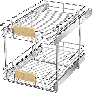 LOVMOR 2 Tier Pull Out Cabinet Organizer 13½" W x 21½" D, Slide Out Drawers with Wooden Handle, Sliding Shelves Organization and Storage for Kitchen, Pantry