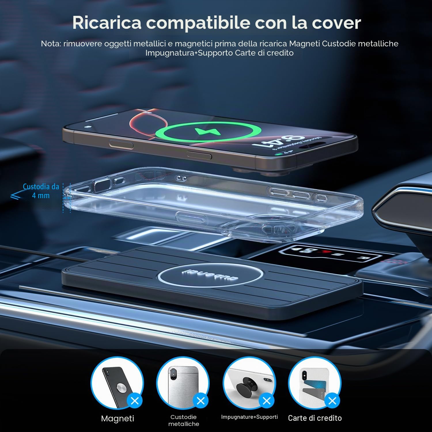 Caricabatterie wireless per auto, tappetino di ricarica rapida da 15 W con cavo di prolunga da 70 cm, tappetino antiscivolo per auto compatibile con iPhone 16/15/14/13, AirPods, Samsung S25