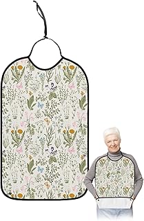 Kewadony Adult Bibs for Elderly Women - Flower Plant Waterproof Dining Clothing Protectors with Crumb Catcher for Eating/Feeding, Wildflower Butterfly Farmhouse Green Botanical Terry Cloth Bib
