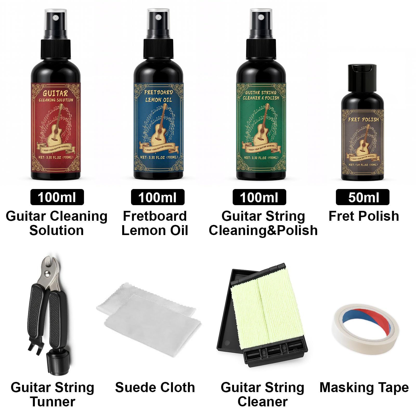 Kit di pulizia per chitarra da 9 pezzi, con lucidante per tasti, previene l'usura, lo sbiadimento e le crepe, mantenendo lo strumento nel suo aspetto migliore e nella qualità del suono in ogni momento