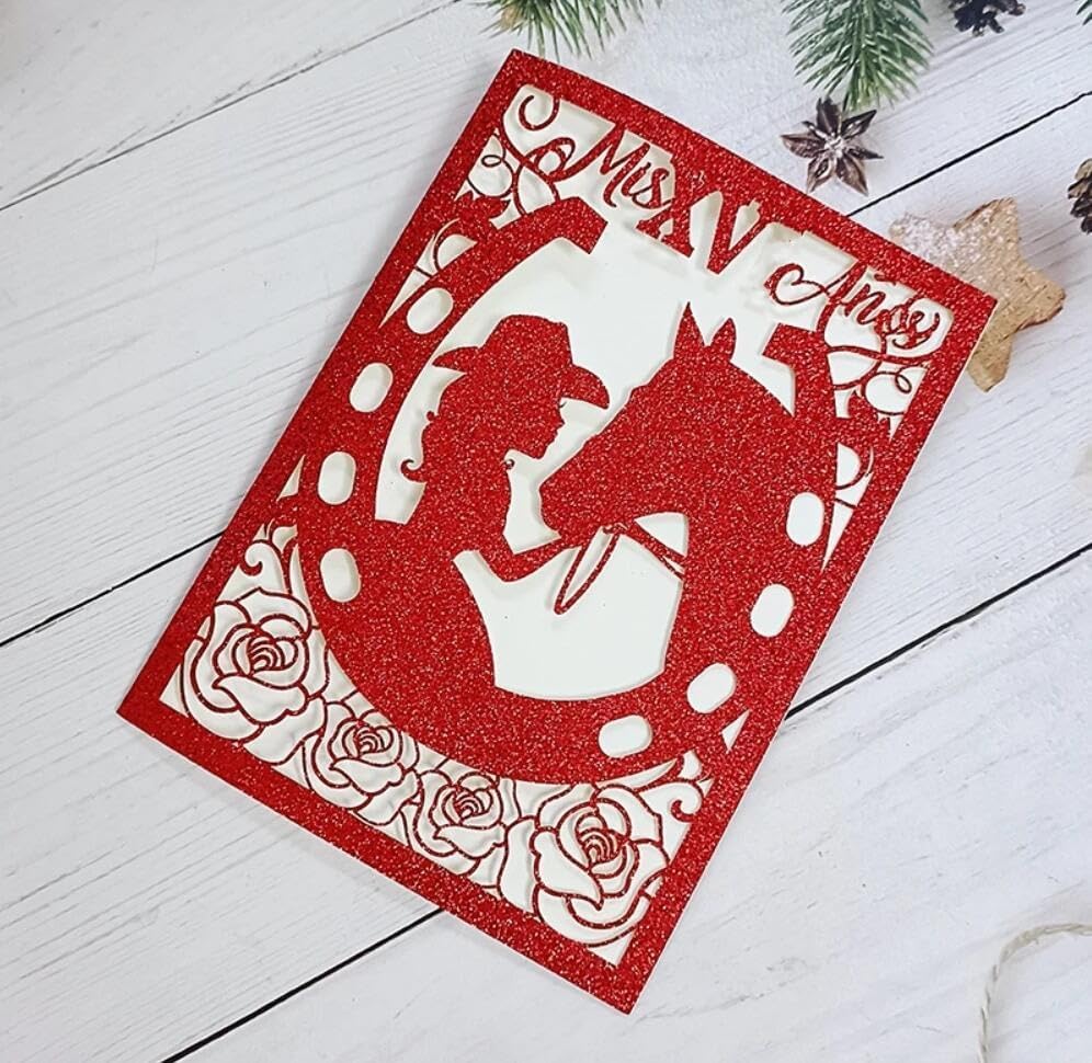 Miniatura 6 de 50 tarjetas de boda occidentales cortadas con láser para quinceañera, invitación de quinceañera, dulces dieciséis fiestas (rojo, solo fuera tarjeta)