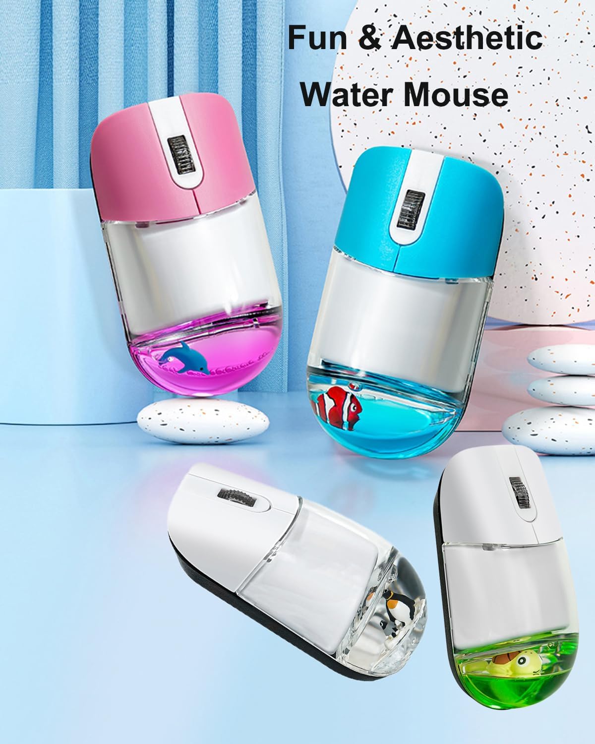 Wireless Mouse Cute Green Aqua Water Mice Aesthetic Clear Silent Optical Portable Lightweight Retro Mice for PC Laptop Computer Macbook Kids Girl Women Gift with Liquid Water & Floater Turtle