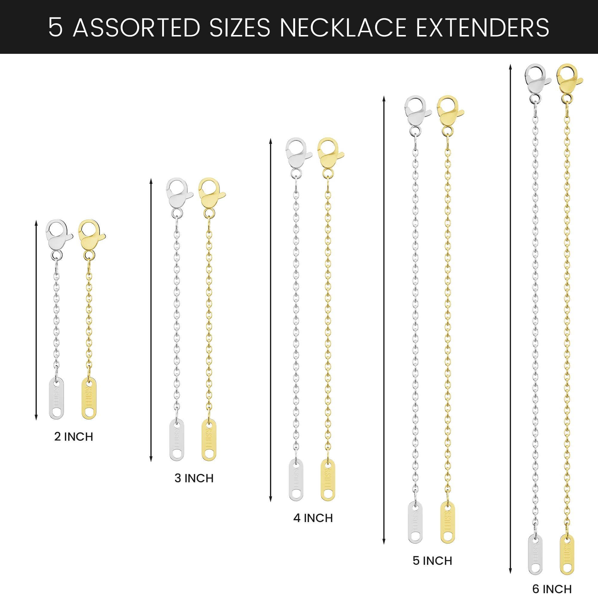 Necklace Extender, 10Pcs Stainless Steel Gold Silver Chain Extenders for Necklaces Bracelet Anklet Extension with Lobster Clasps and Closures for Jewelry Making, (2 3 4 5 6 inch)