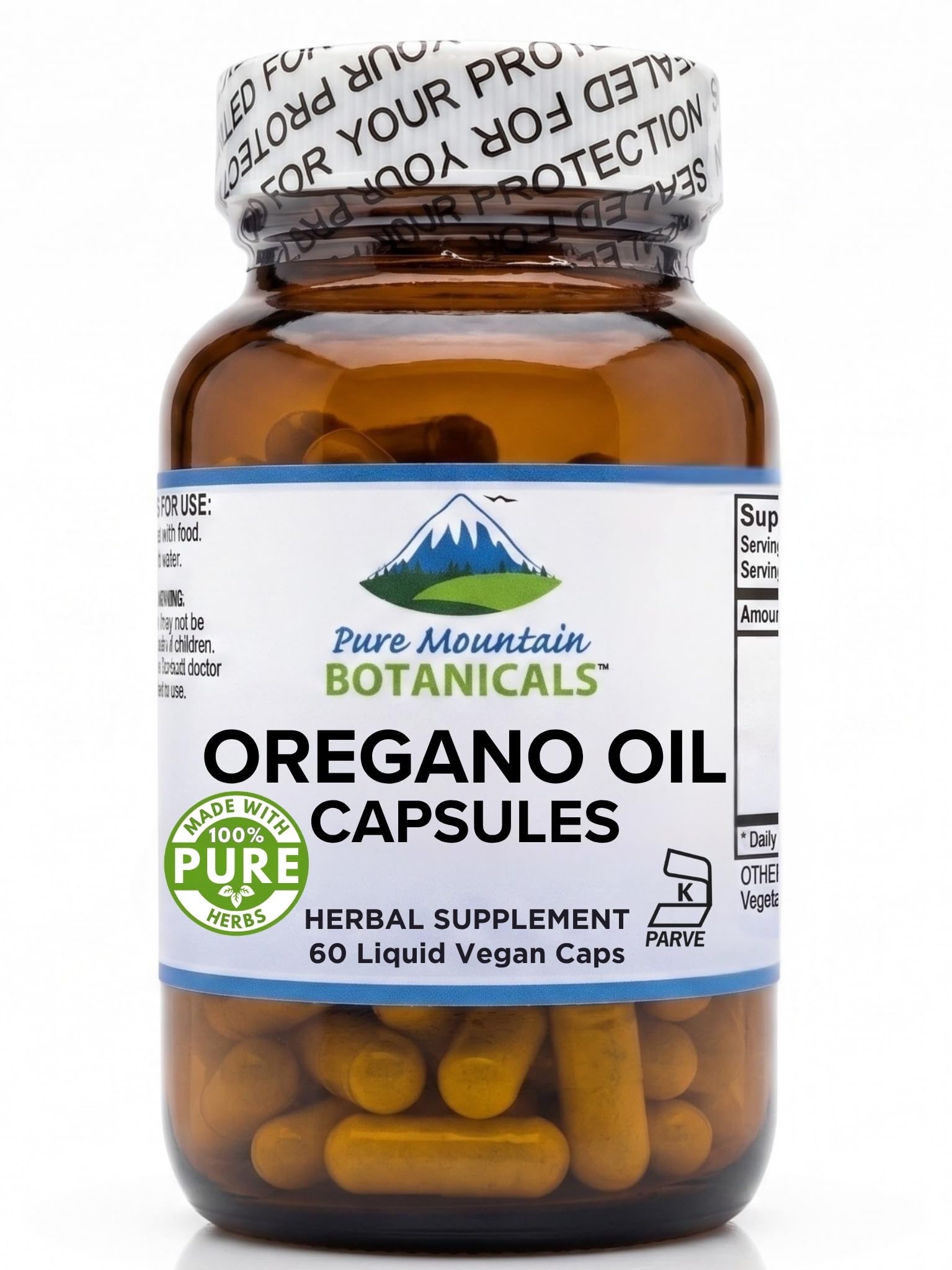 Pure Mountain Botanicals Oregano Oil Capsules - 60 Vegan Caps - 510mg Oil of Oregano - Carvacrol 70% - Kosher Herbal Supplement