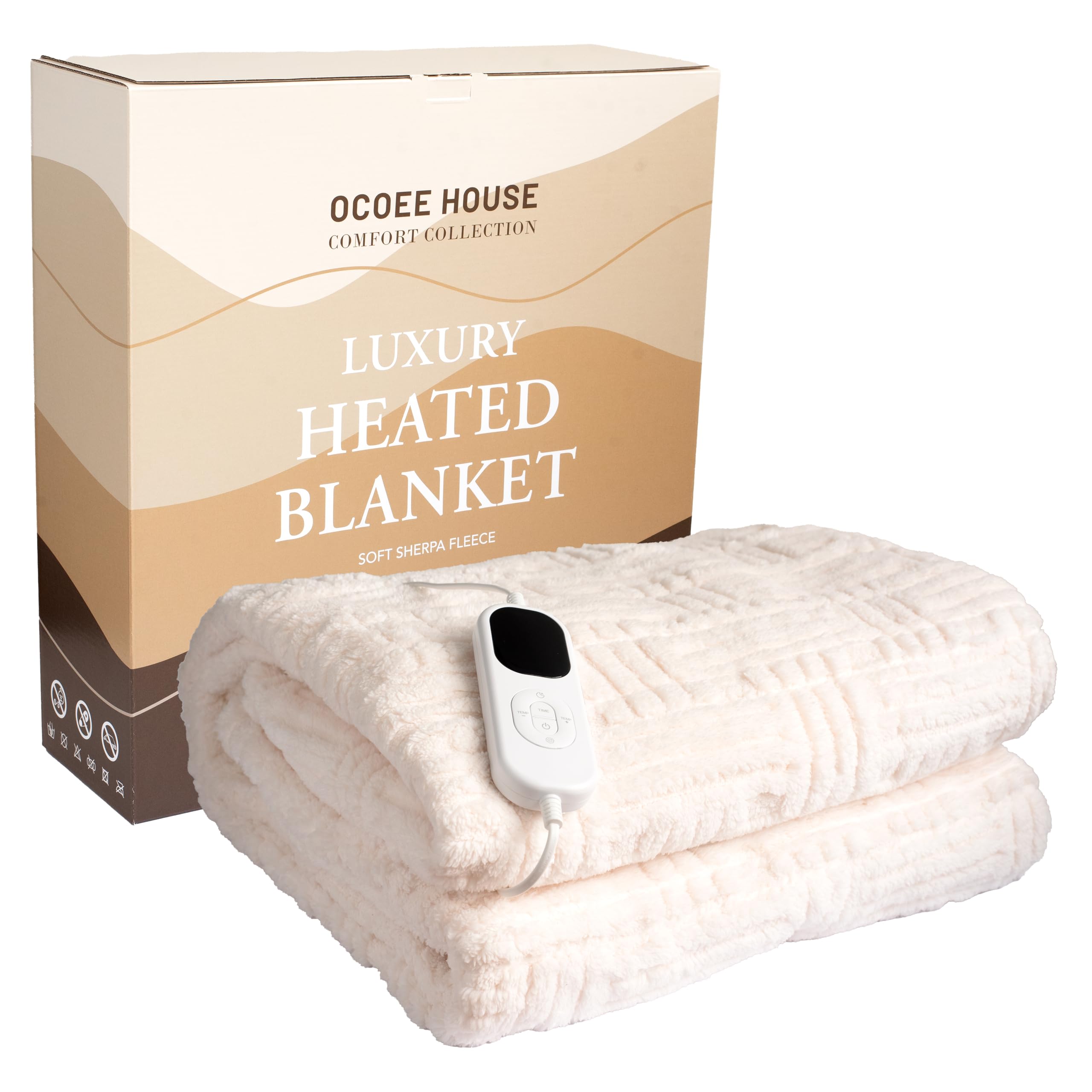 Ocoee House Luxury Heated Blanket, Electric Throw - 180x160cm King Size Ecru Thick Heavywe...