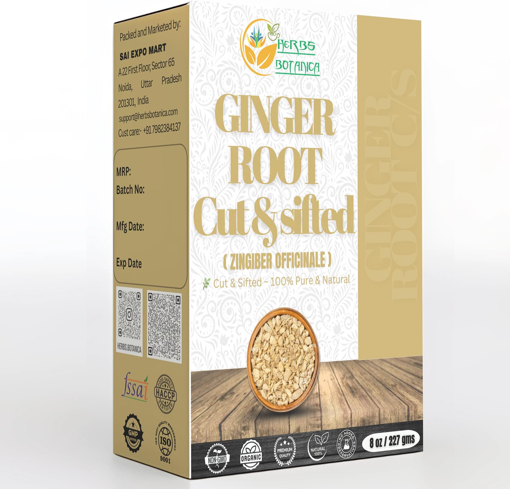 Herbs Botanica Organic Dried Ginger Root Cut And Sifted For Teas, Tinctures And Infused Oils., Flavour India Spice, Food Grade, Non Irradiated, Non Gmo, 1/2 Lb Or 8 Oz