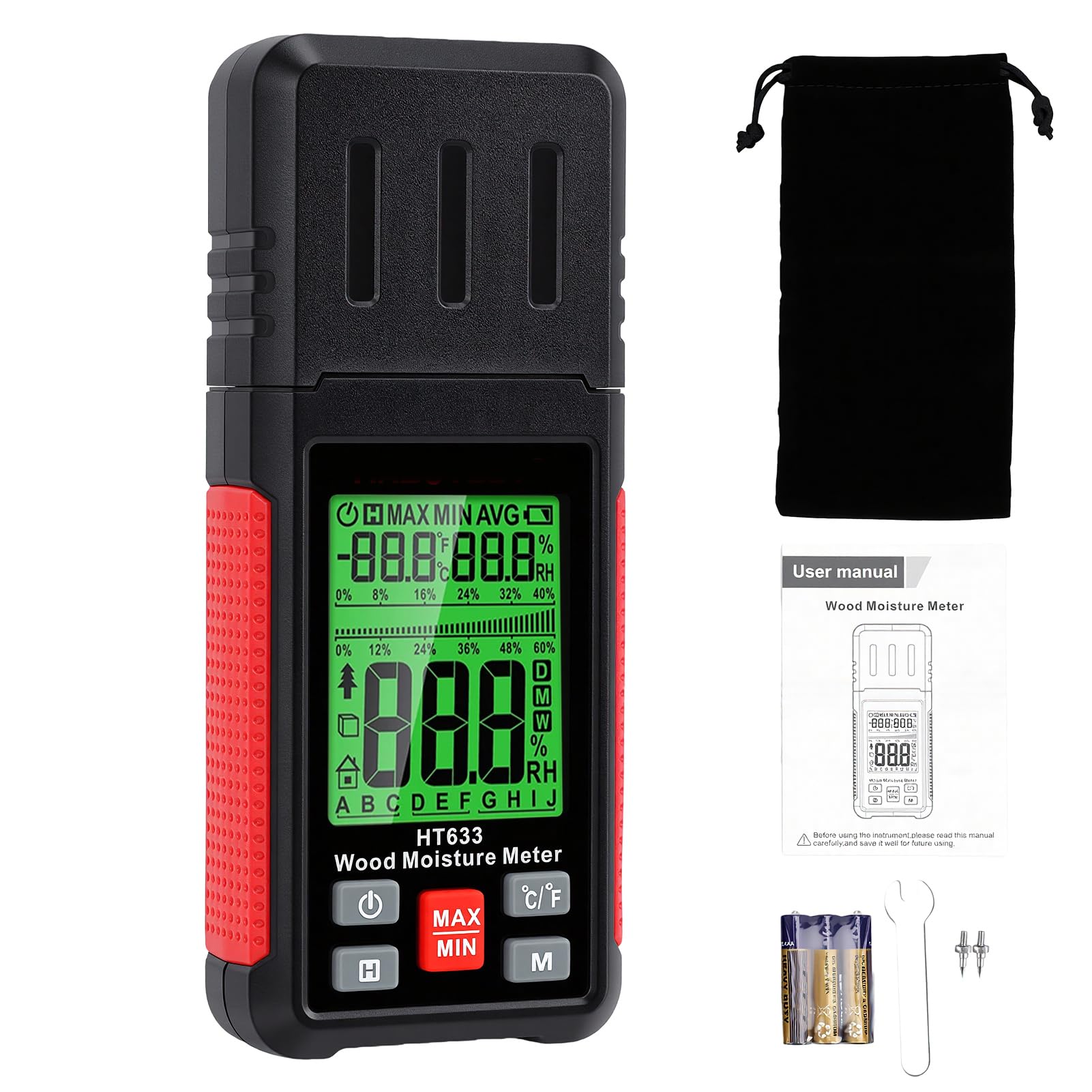 Irfora Misuratore di umidità Digitale con Retroilluminazione Tricolore e Funzione di Blocco Dati per Legno, Mattoni e Cemento - Rilevatore umidità Versatile (HT633)
