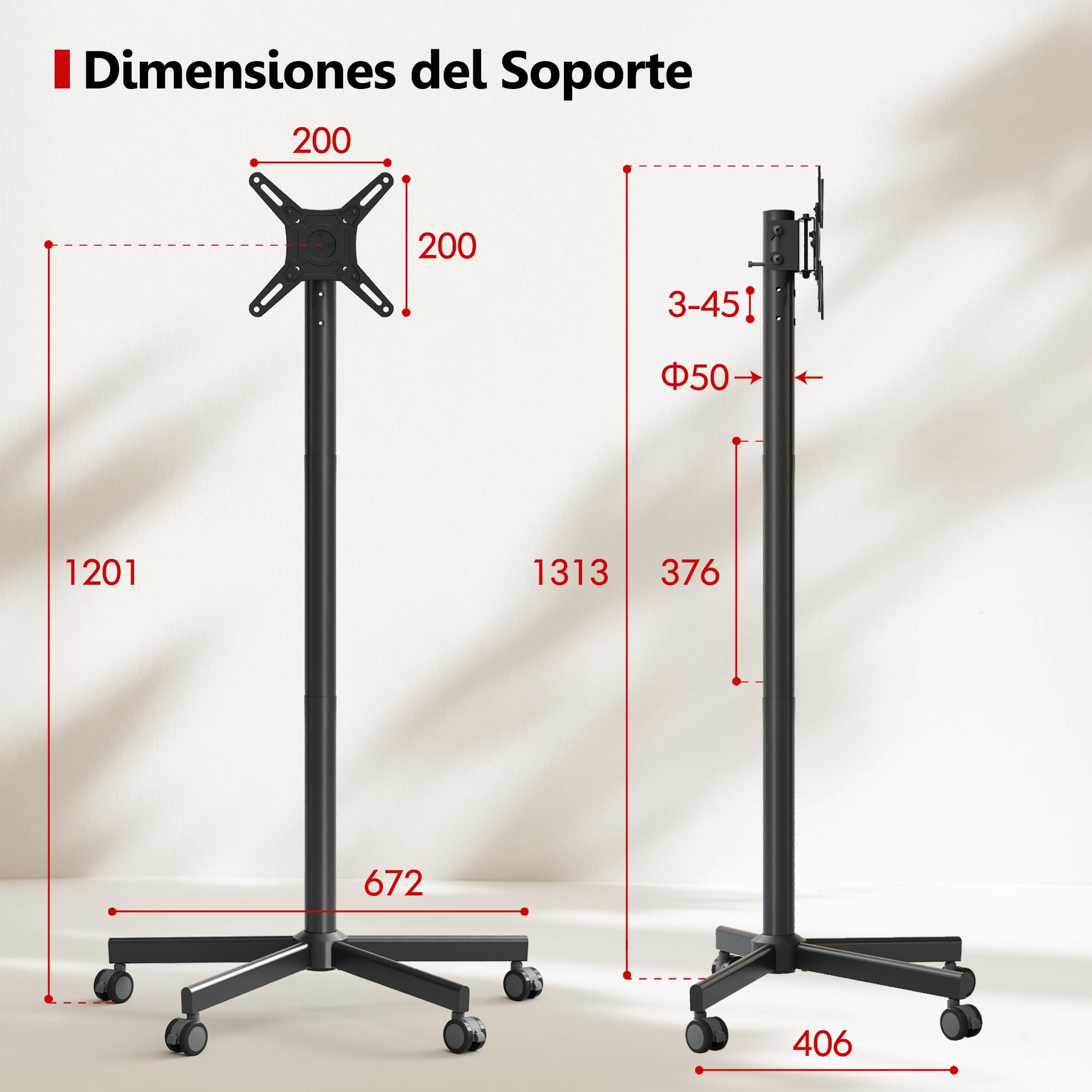 AOKCOS Soporte de TV con ruedas para televisores de 19 a 42 pulgadas, altura regulable, giratorio, hasta 15 kg, máx. VESA 200 x 200 mm