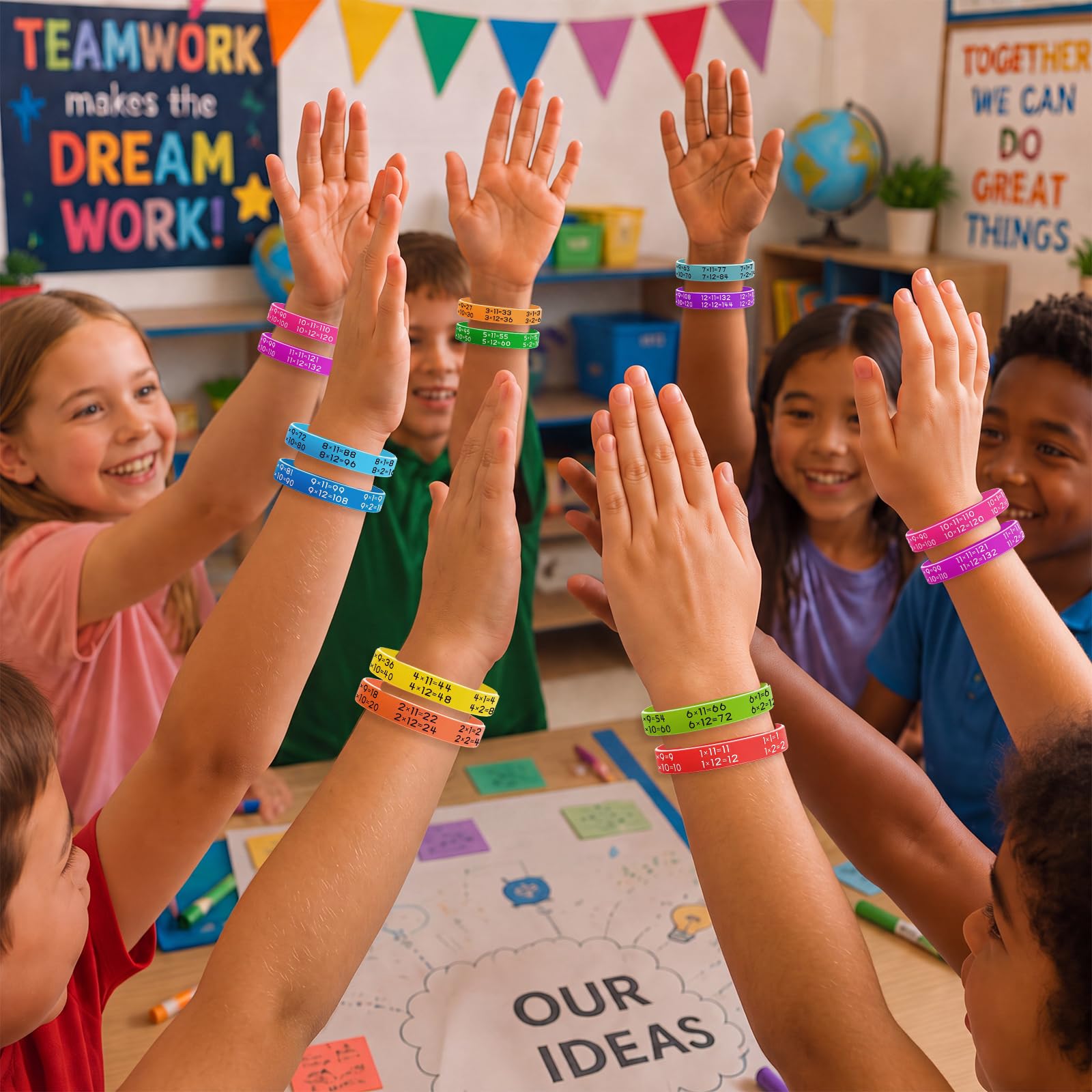 Bracelets en caoutchouc pour apprendre les mathématiques, multiplication, bracelet fantaisie en silicone pour événements, aide à l'éducation, récompense pour étudiants, 12 couleurs (144 pièces)