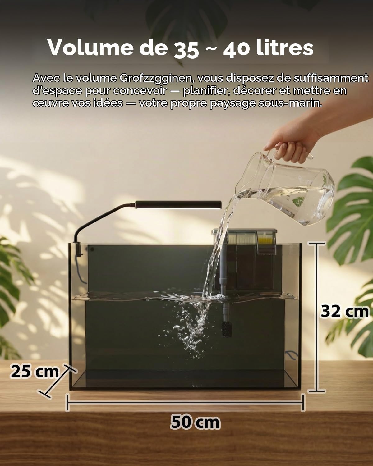 Aquarium de Bureau 40 L – Petit Aquarium en Verre Ultra-Clair avec Filtre autonettoyant, éclairage Puissant, Chauffage, Pierres, Gravier et Outils de Nettoyage