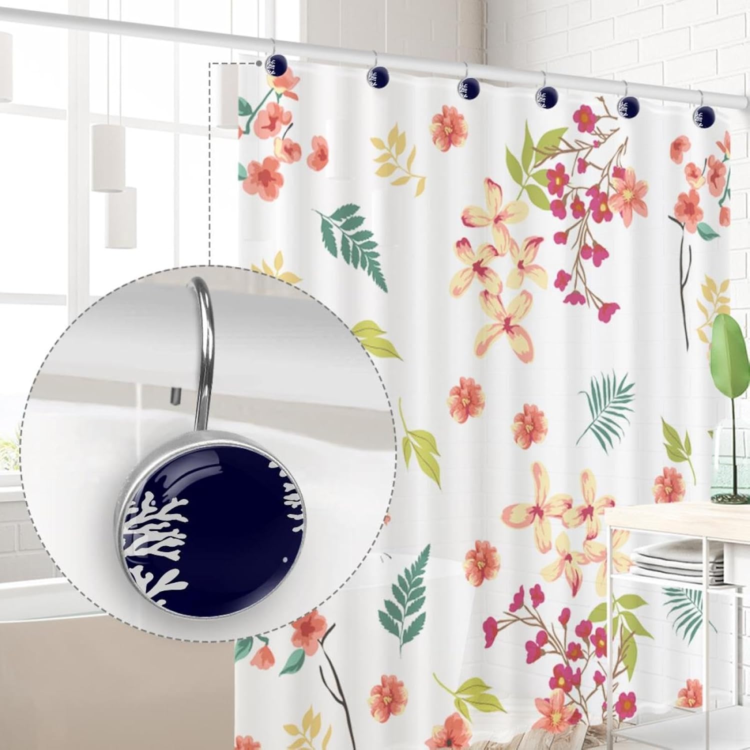 Coral Navy Blue Nautical Coastal Ocean Theme Marine Decorative Shower Curtain Hooks Rings Set of 12 Hooks for Shower Curtain Rustproof Curtain Rings for Bathroom