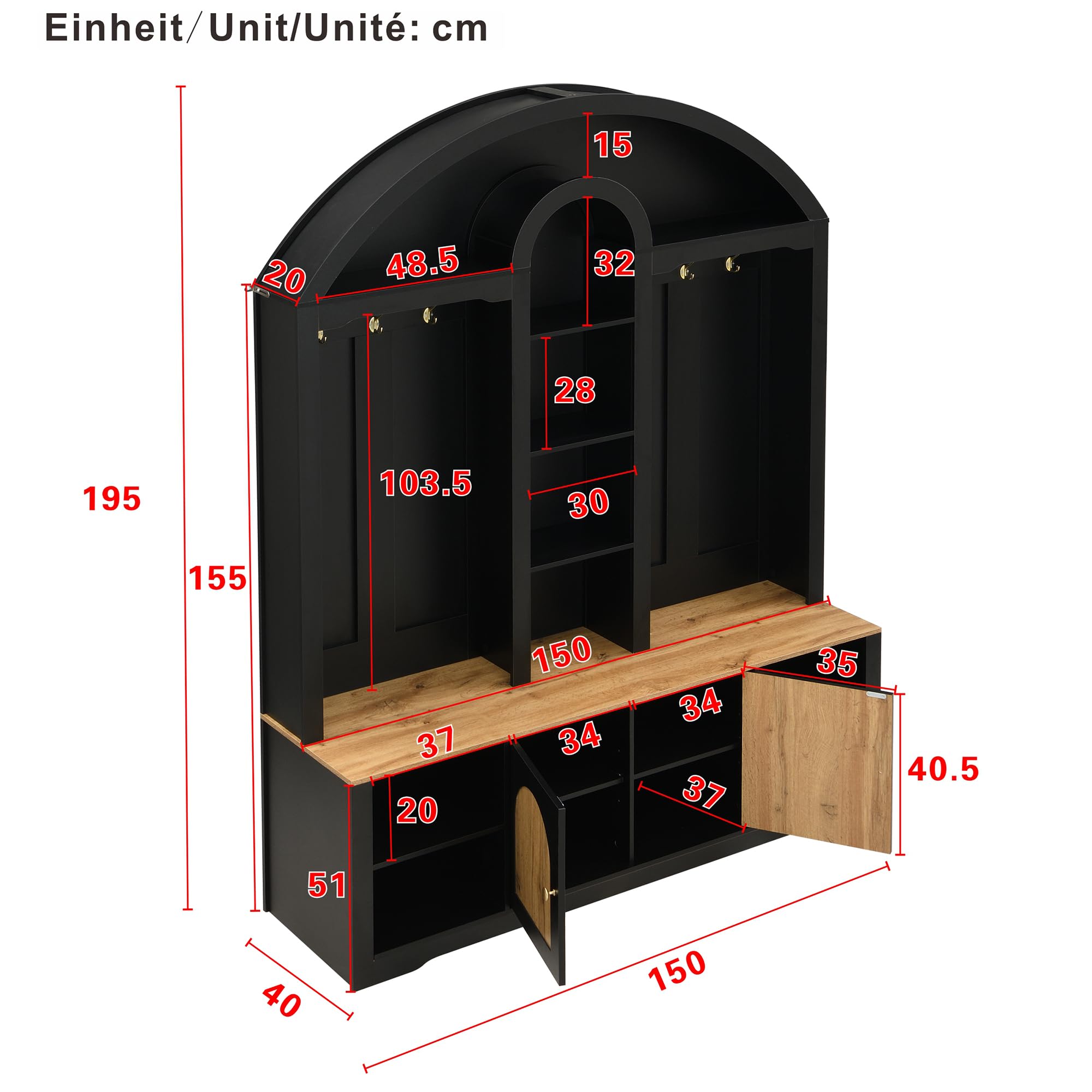 Garderobenset Hoch 195 cm mit LED Licht und Sitzbank, Garderobenschrank Flurgarderoben Set mit Haken und Schuhschrank, Schwarz
