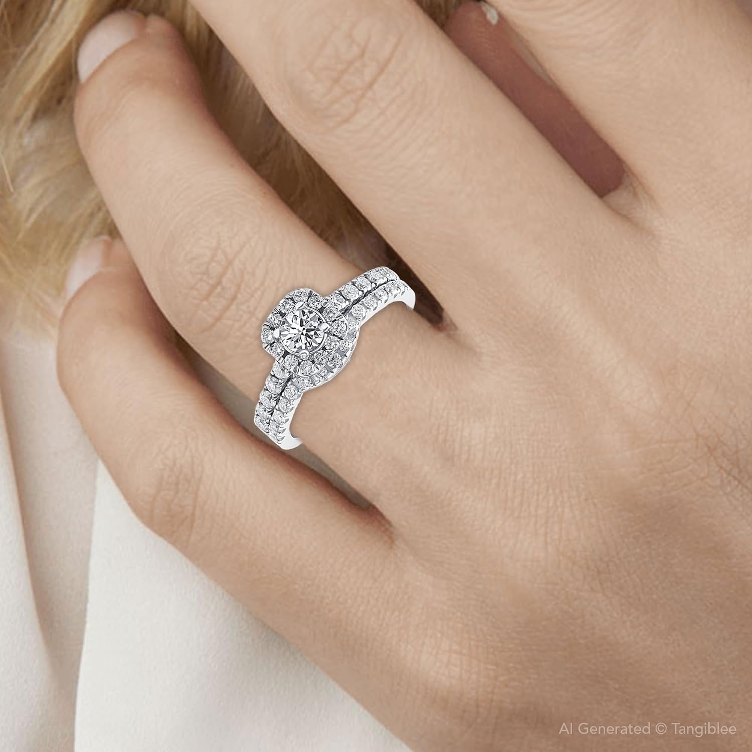 Pompeii 1 1/4Ct Cushion Halo Diamond Engagement Matching Wedding Ring Set 14K White Gold