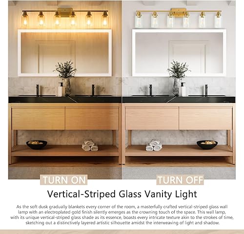 Vista 38 de Jonsi 3 luces de tocador de baño de oro cepillado con pantalla de vidrio estriado, luces de baño doradas modernas sobre espejo