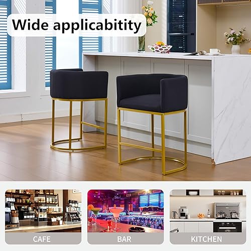 Vista 7 de Gold Taburetes de Bar Juego de 3, 25" H Taburetes de Bar de Altura de Mostrador Modernos con Respaldo, Taburete de Bar Tapizado en Tela de Lino