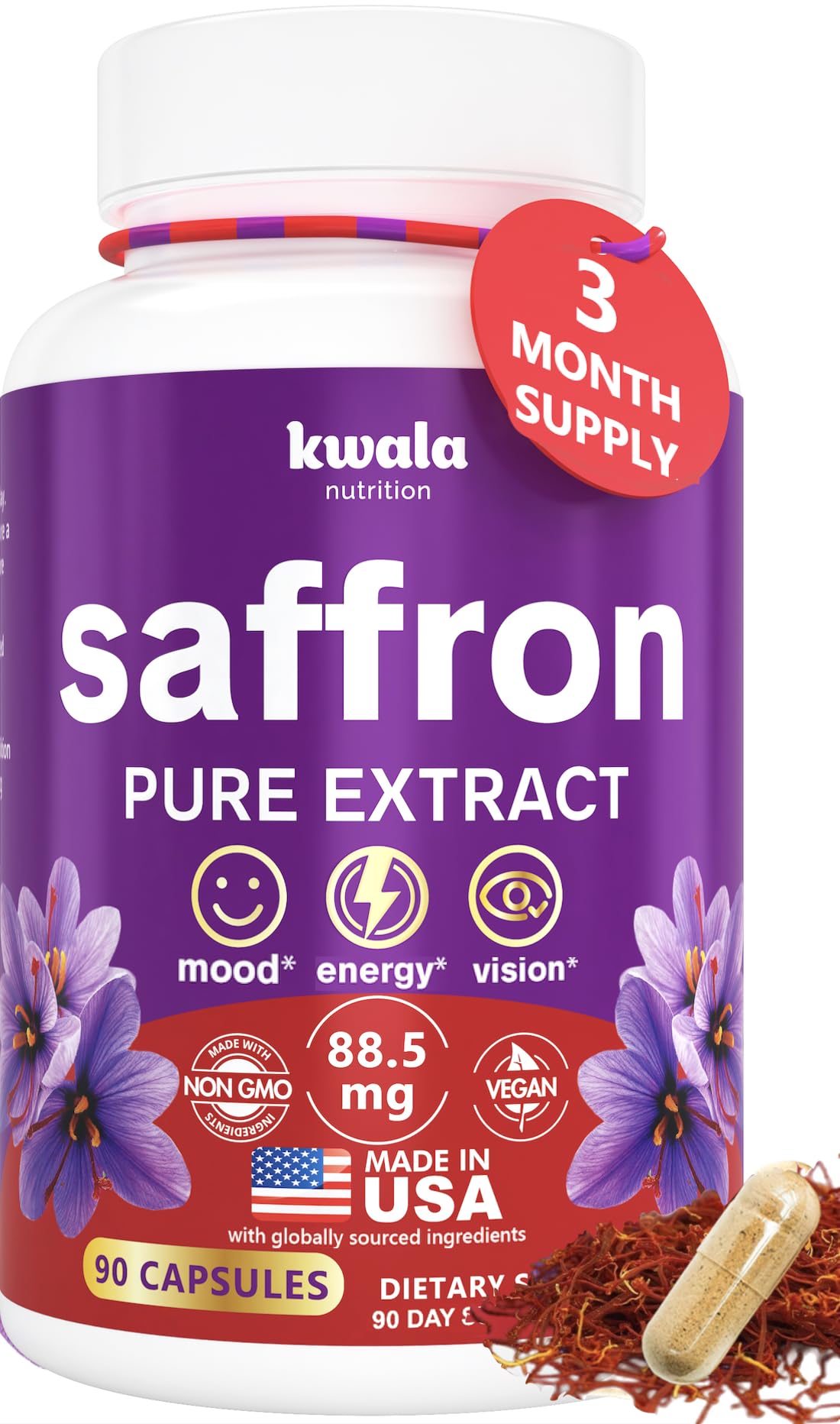 Kwala Nutrition Saffron Supplements to Boost Mood, Energy & Focus - 88.5mg Pure Saffron Extract - 3rd Party Tested, Made in USA - 3 Month Supply - 90 Veggie Capsules