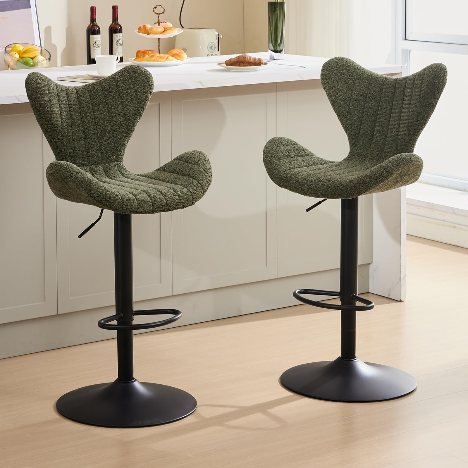 Ya-Home Set of 2 Tall Swivel Kitchen Stool with Adjustable Height, Modern Chenille Fabric Bar Stool with L-Shape Back and Soft Cushion for Living Room/Restaurant/Bar, Green