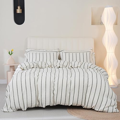 S VICTORY SYMBOL Juego de funda de edredón de 100 % lino, teñido con hilo verde, a rayas verticales, de lino natural francés, tamaño Queen, 3 piezas