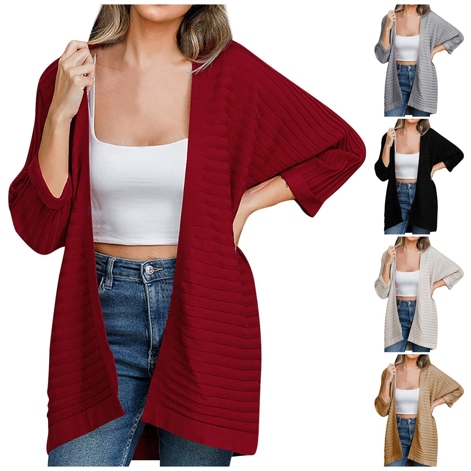 Women's Fashion Loose Casual Solid Color Cardigan Seven-Part Sleeve Jacket Top KXC6CBXZ1636