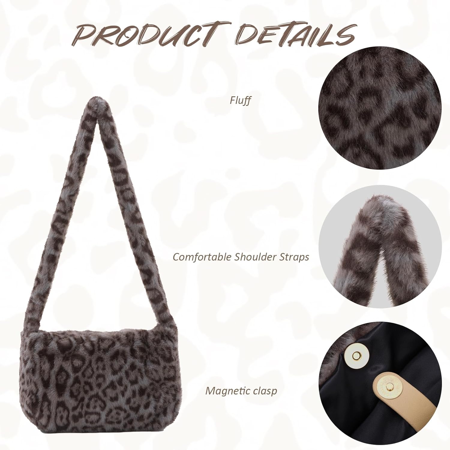 KUANG! Faux fur Hobo Handbag Leopard Print Plush Tote Bag Large Capacity Crossbody Purse Winter plush Shoulder bag - Image 5