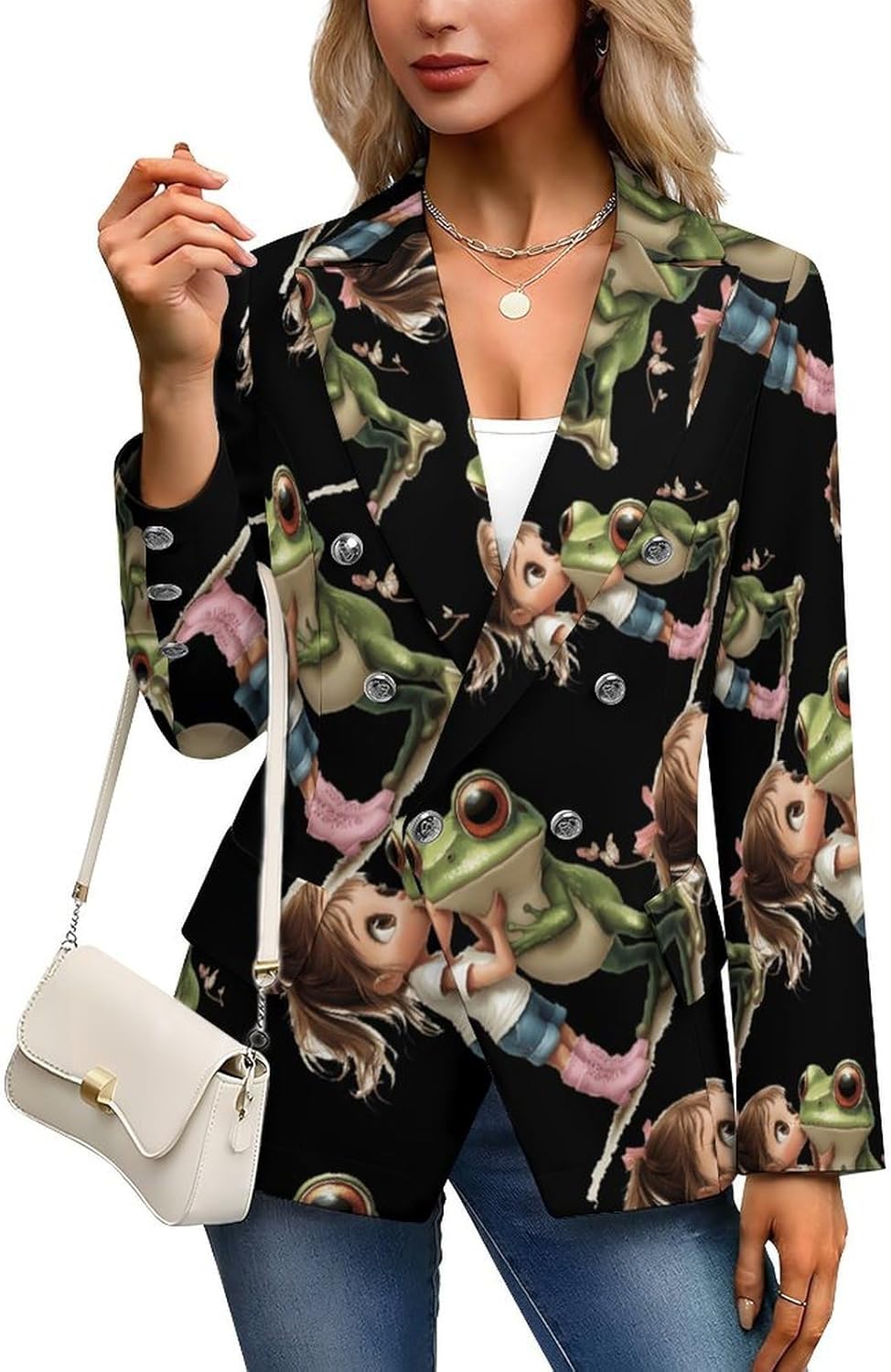 Funny Princess Frogs Women's Blazer Long Sleeve Suits Business Casual Blazers Jackets Lapel Open Front Suit