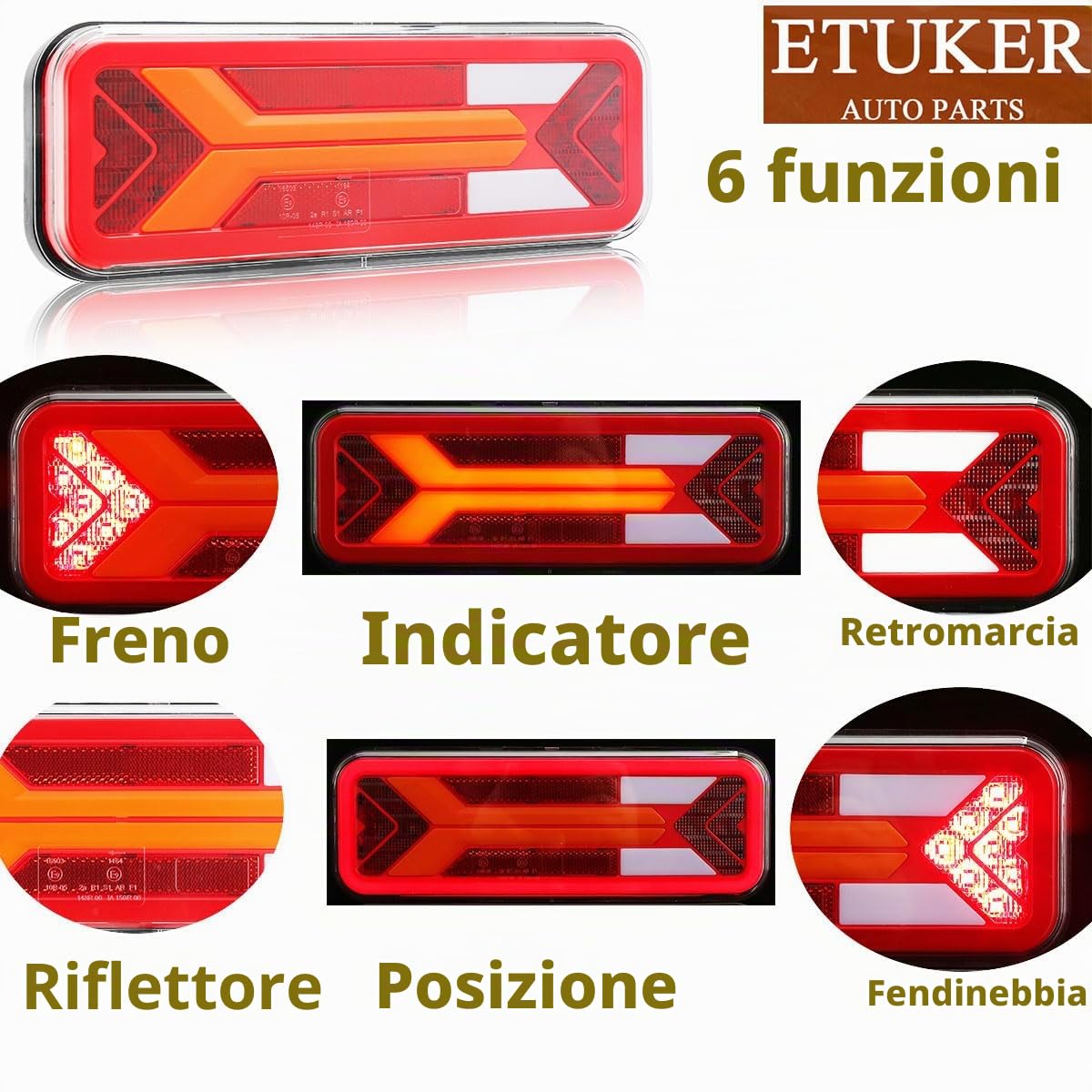 Kit Fanali Posteriori Rimorchio 12V24V LED 2Pcs 6Funzioni Impermeabile Omologati Impermeabile Luci Posteriori con Fendinebbia Luce di Retromarcia per Rimorchio Auto Trattore Camion