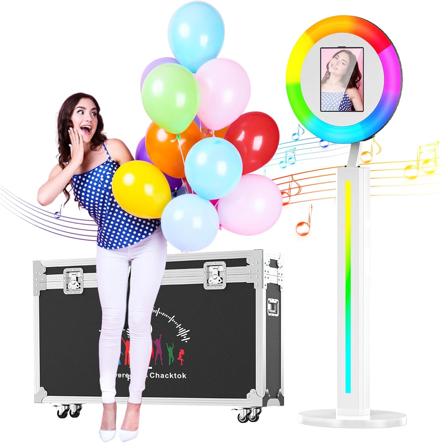 HARZHI Portable Photo Booth Compatible with iPad, Photo Booth Stand Shell, Perfect for Weddings and Parties, Free ChackTok Membership, Free Custom Logo, with Flight Case (White, Photobooth-Lite)