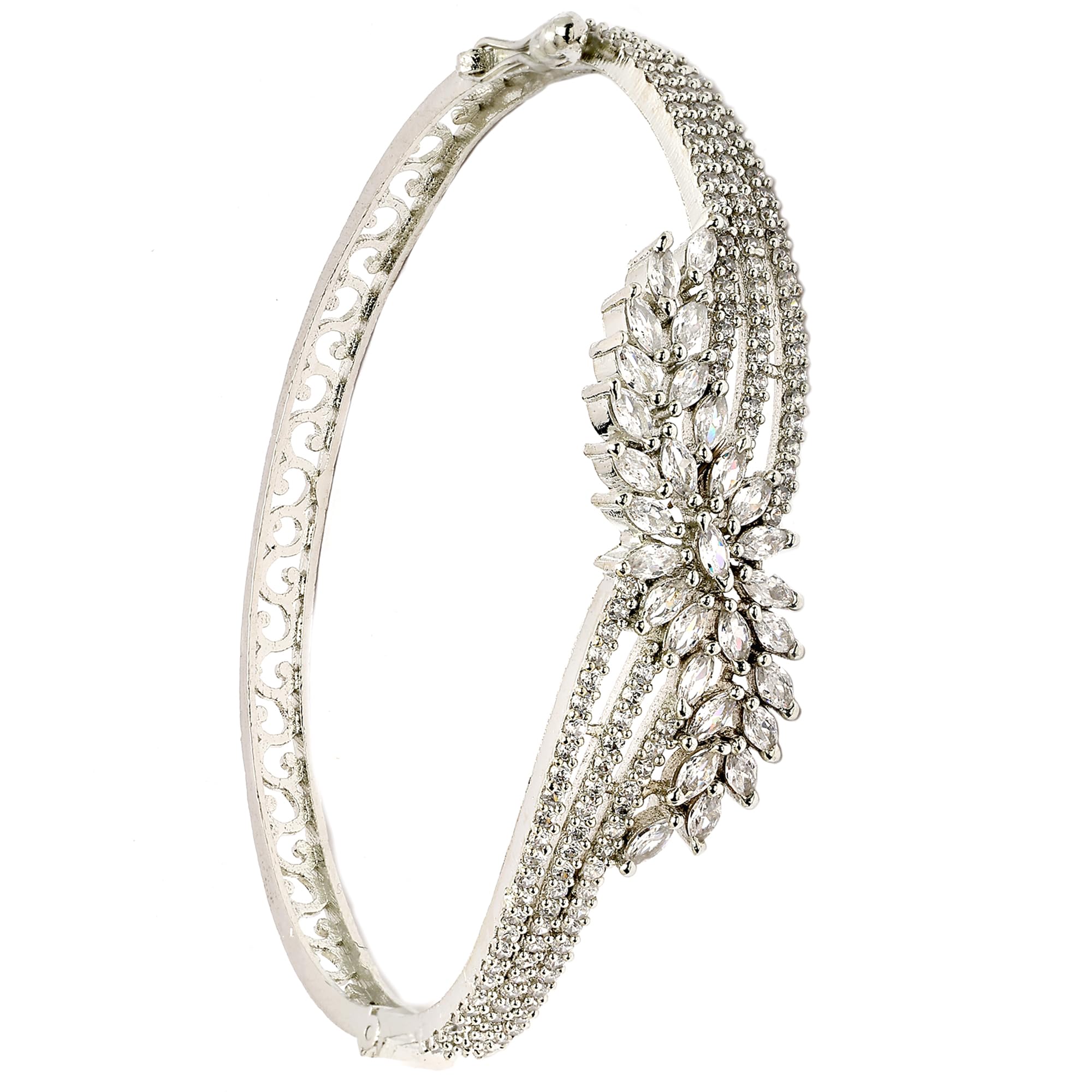 zeneme Rhodium-Plated White American Diamond Studded Contemporary Kada Bracelet For Girls and Women-picture-26