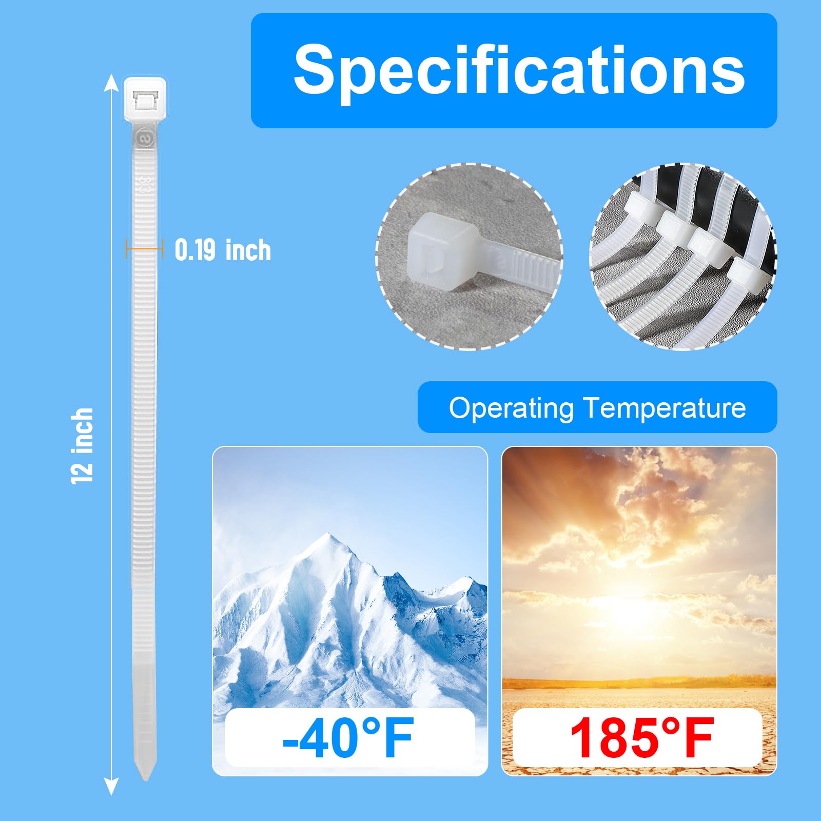 REZOSY White Zip Ties 12 Inch 100 Pack Clear Tensile Strength 50 lbs UV Resistant Industrial Cable Ties Self Locking Zipties Wire Ties Wrap Indoor Outdoor Use for Fence Garage Camping