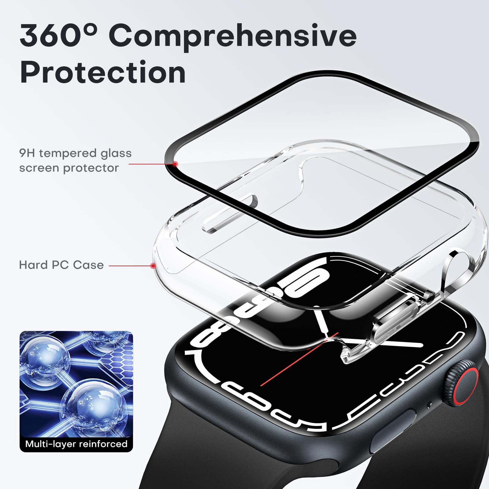 TAURI 2 Pezzi Cover per Apple Watch 9 41mm e Cover per Apple Watch 7 41mm e 8 41mm con 9H in Vetro Temperato,[Tocco Sensibile][HD Clear] Sottile Rigida Custodia per Apple Watch 9/8/7 41mm-Trasparente