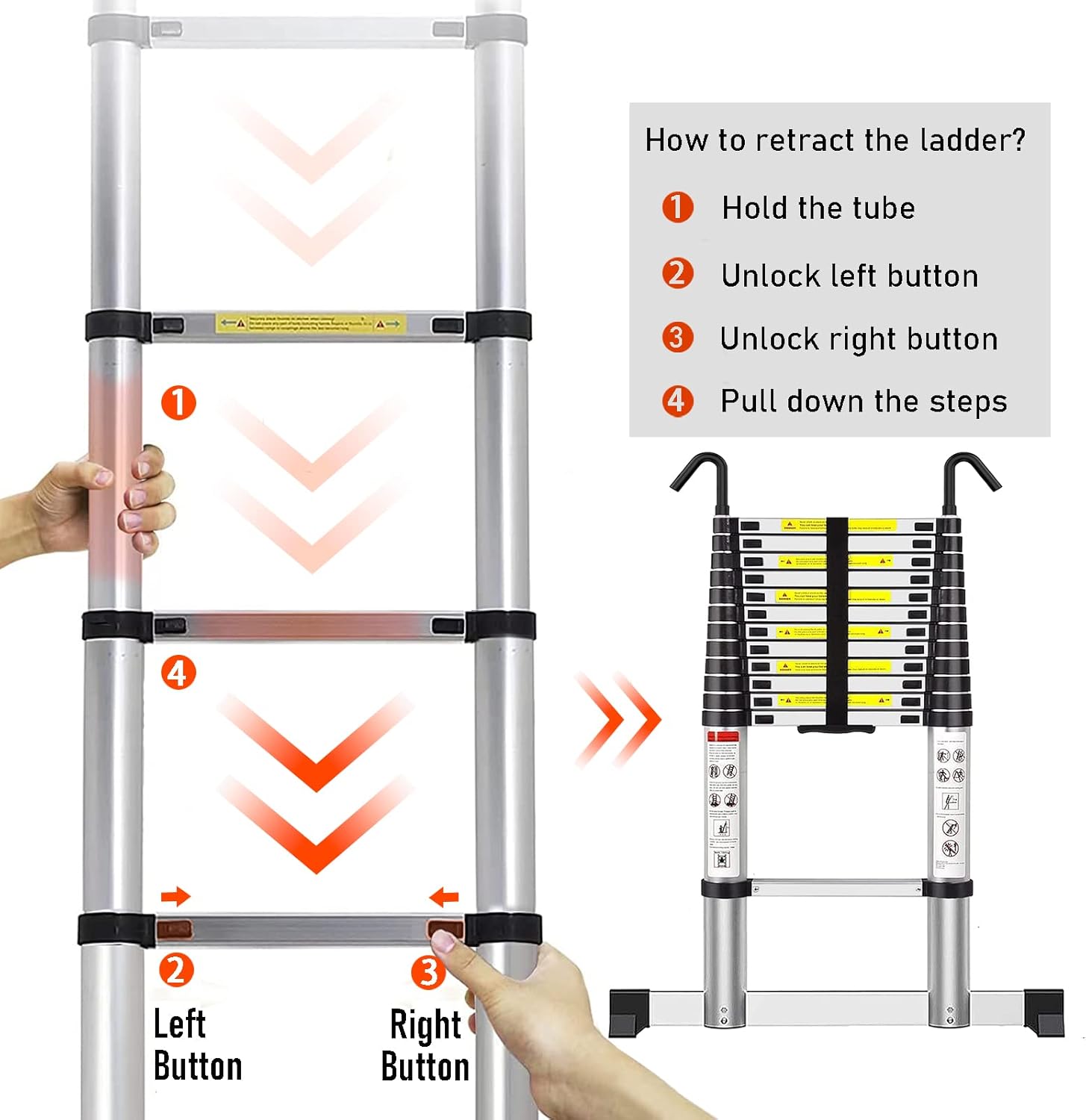 20.34FT Telescoping Ladder with Stabilizer, ARCHOM Telescopic Ladder with Hooks Aluminum Extension Ladder for Home and Outdoor Work Loft Roof Attic RV Ladder with EN131 Certification, 330lbs Capacity - - 