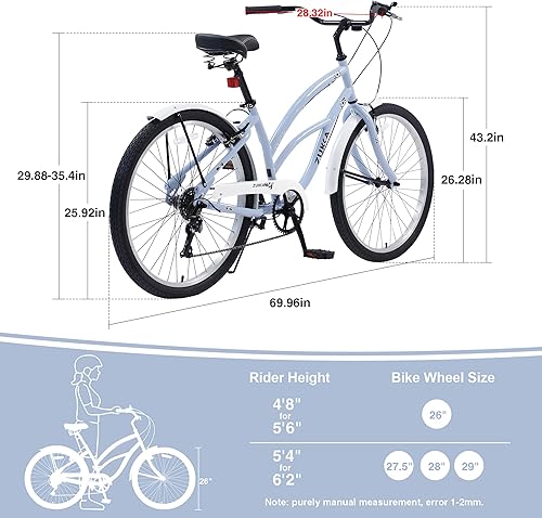 Miniatura 7 de MEGHNA Bicicleta de crucero de playa de 26 pulgadas, ruedas de 7 velocidades, freno en V, cómodo sillín clásico, retro, bicicleta de crucero,