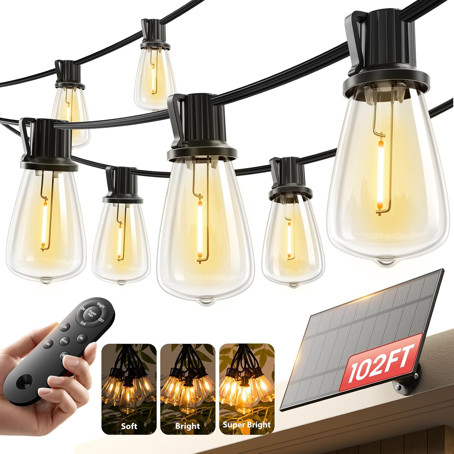 KYY 102FT(96+6) Solar String Lights Outdoor with USB Port Remote Control