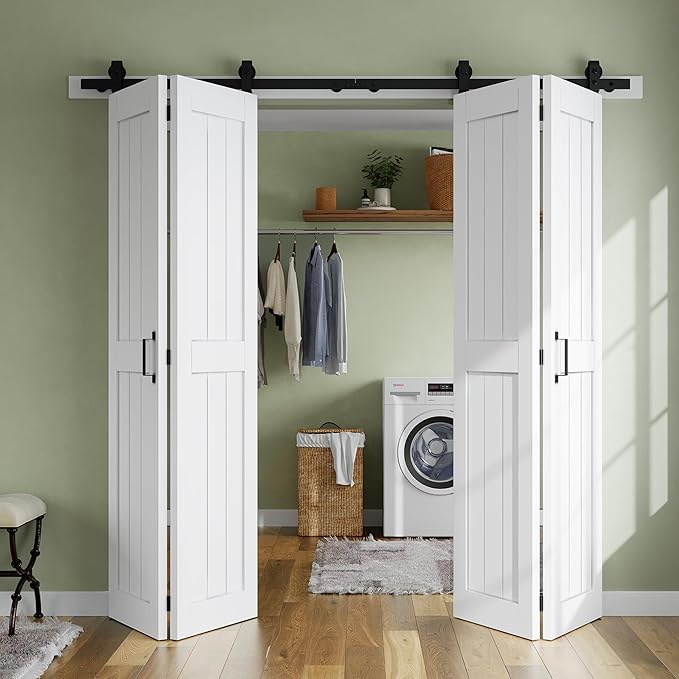 SMARTSTANDARD Bifold Barn Door 56'' x 84'',Bi-Fold Sliding Closet Doors with Hardware Kit Included,64'' Track Kit for 4 Doors,Waterproof & Quiet,Pre-Drilled Holes Easy Assembly,White