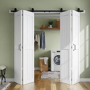 SMARTSTANDARD Bifold Barn Door 48 x 84,Bi-Fold Sliding Closet Doors with Hardware Kit Included,56 Track Kit for 4 Doors,Waterproof & Quiet,Pre-Drilled Holes Easy Assembly,White