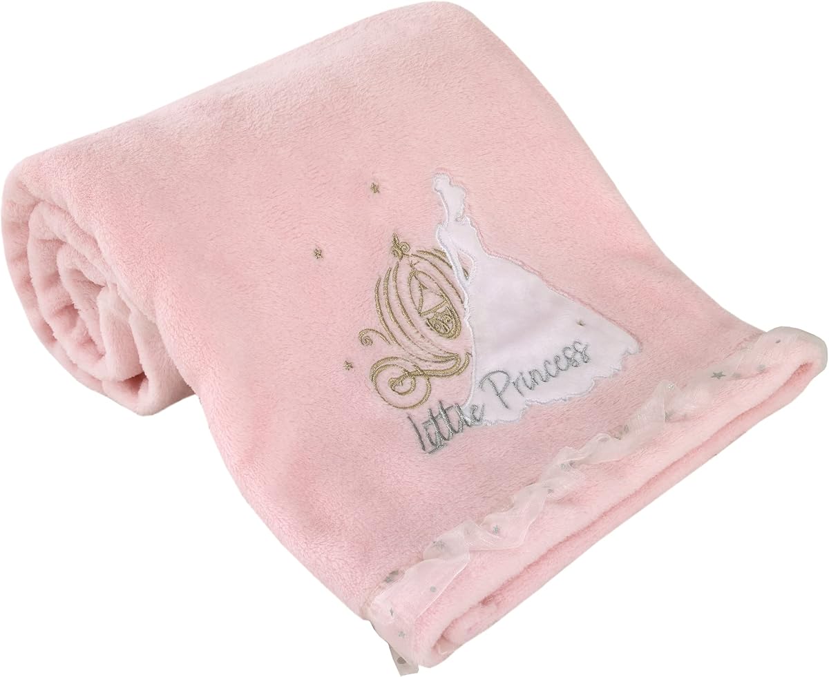 Disney Princess Enchanting Dreams Pink Cinderella Applique and Embroidered Super Soft Baby Blanket with a Silver Sparkle Organza Trim