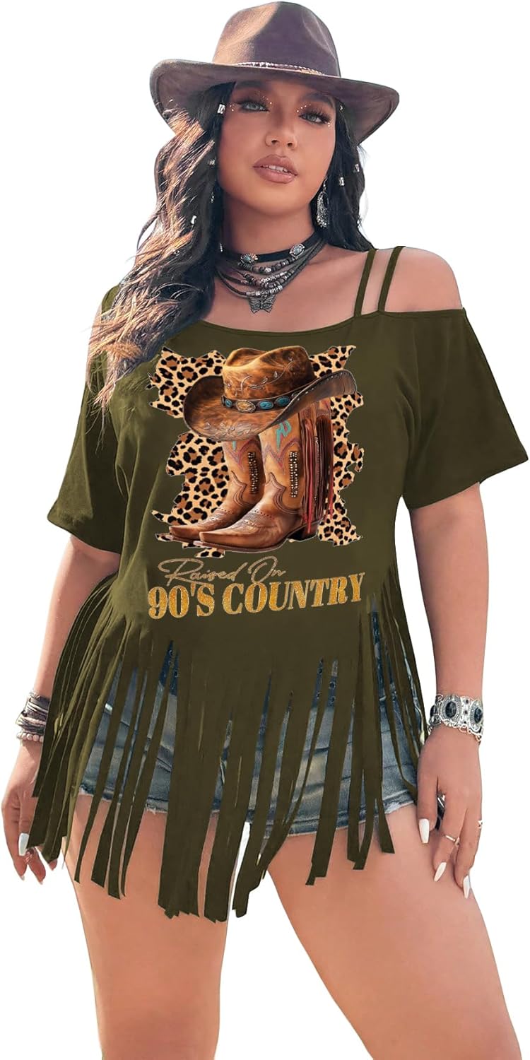 SOLY HUX Women's Plus Size Cold Shoulder Fringe Trim T Shirts Short Sleeve Graphic Tees Western Cowlgirl Outfits