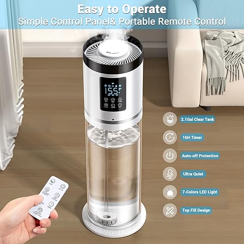 Miniatura 3 de Humidificadores de 2.1 galones para dormitorio, habitación grande, humidificadores de niebla fría de 4 niveles con tanque transparente, 7 luces de