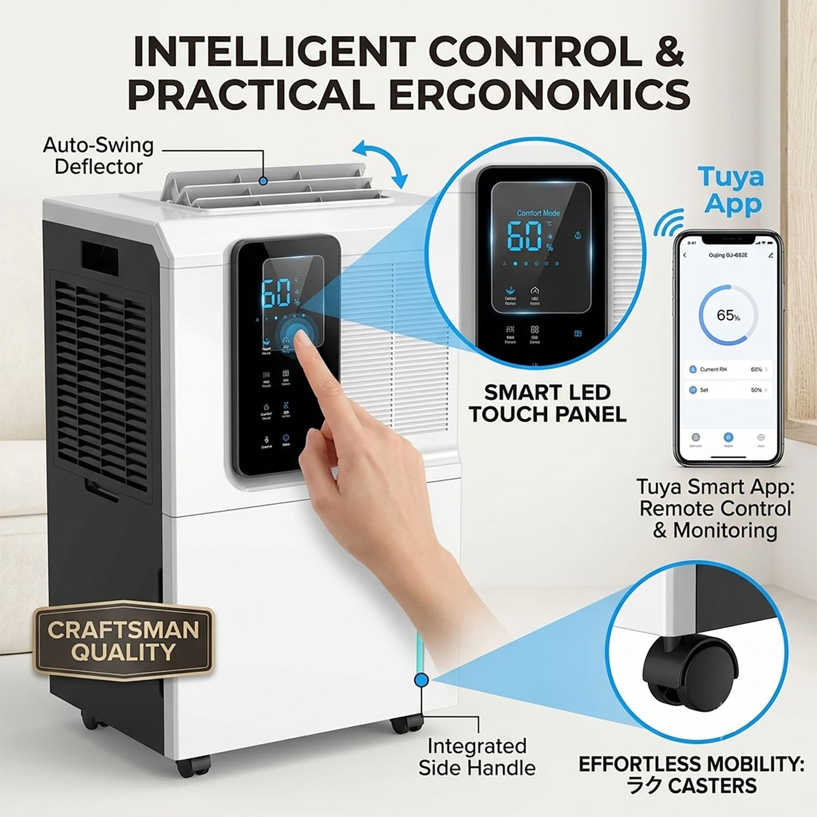 Deumidificatore d'Aria Elettrico ad Alta capacità Tuya 65 l/Giorno, con connessione Wi-Fi/App, Grande Volume d'Aria, Ideale per Ville, scantinati e Ampi soggiorni.